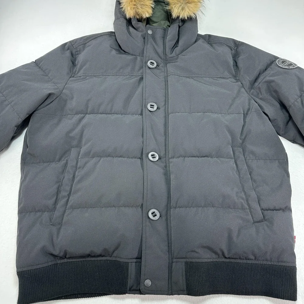 Levi's Jacket Mens 2XL Black Puffer Faux Fur Hood Button Front Winter Warm Prep